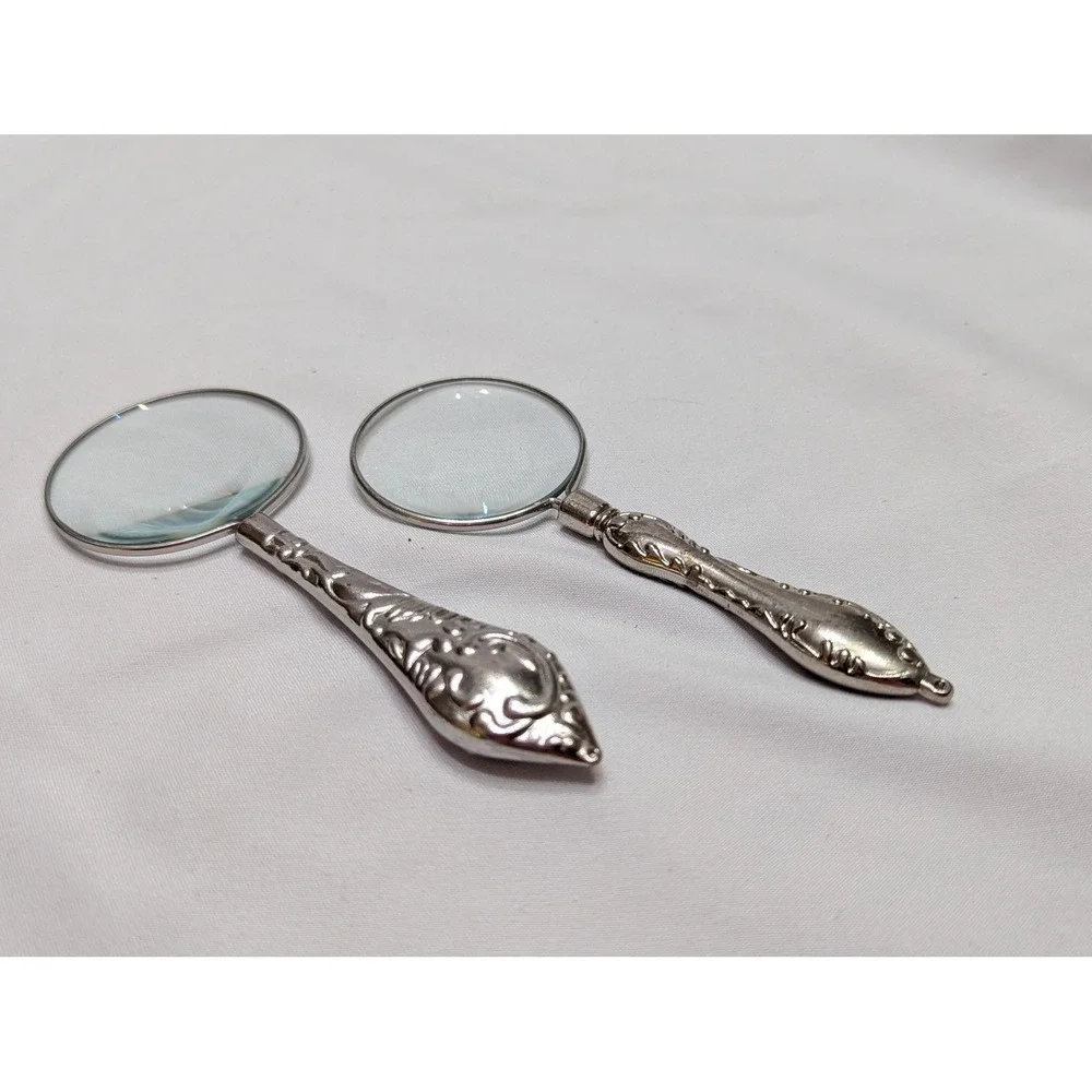 Vintage Ornate Magnifying Glass Pair Decorative Silver Tone Desk Accessories